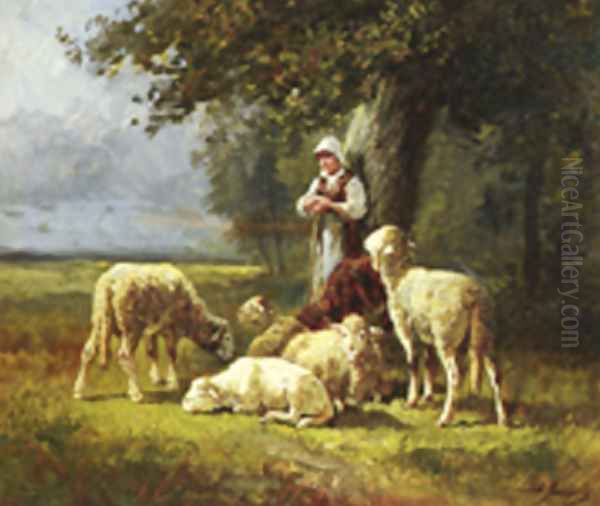 A Shepherdess With Her Flock In A Woodland Clearing Oil Painting by Charles Emile Jacque