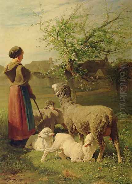 Springtime Oil Painting by Charles Emile Jacque