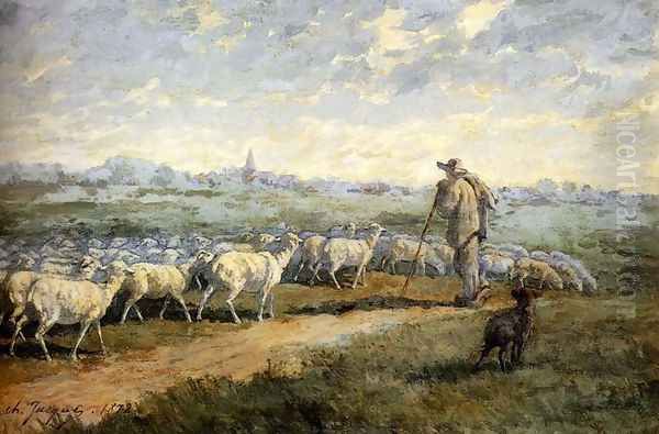 Landscape with a Flock of Sheep Oil Painting by Charles Emile Jacque