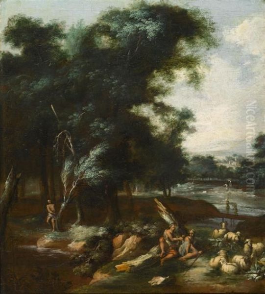 Mediterranean Landscape With Herdsman And Woman In The Foreground Oil Painting by Annibale Carracci