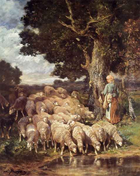 A Shepherdess with her Flock near a Stream Oil Painting by Charles Emile Jacque