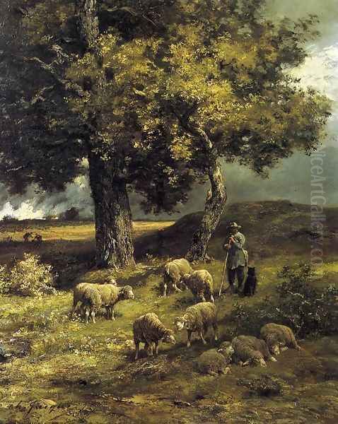 Tending the Flock I Oil Painting by Charles Emile Jacque