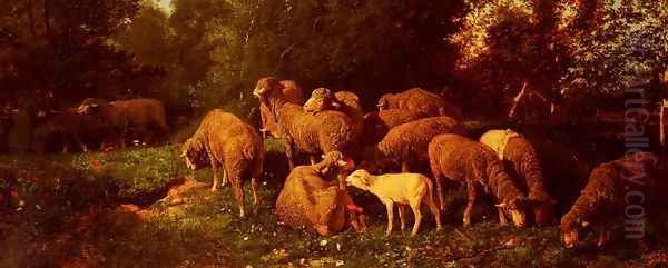 Les Moutons Dans Le Sous-Bois (Sheep in the Undergrowth) Oil Painting by Charles Emile Jacque