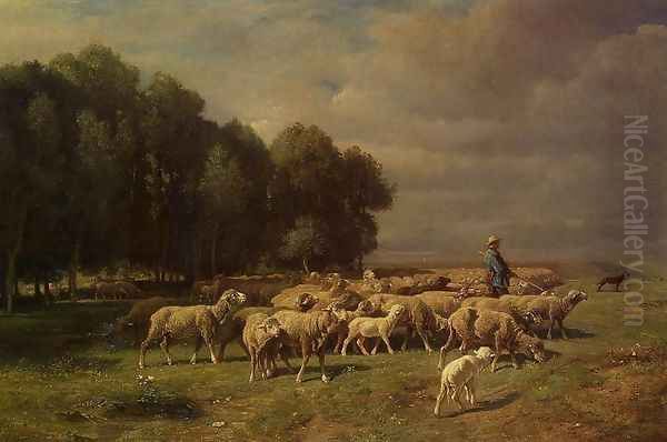 The Large Flock Oil Painting by Charles Emile Jacque