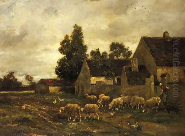 Shepherdess and Her Flock Oil Painting by Charles Emile Jacque