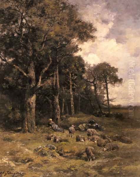 Shepherdess Resting With Her Flock Oil Painting by Charles Emile Jacque