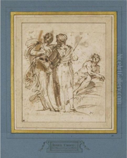 Two Standing Women And A Reclining Male Nude Oil Painting by Annibale Carracci