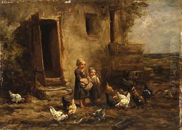 Children feeding the chickens Oil Painting by Charles Emile Jacque