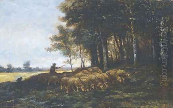 A shepherd and his flock at the edge of a forest Oil Painting by Charles Emile Jacque