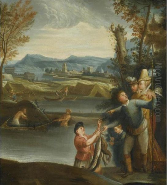 A Landscape With An Elegant Couple Buying Fish From A Fisherman Oil Painting by Annibale Carracci