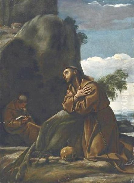 Saint Francis In Front Of Acliff Landscape Oil Painting by Annibale Carracci