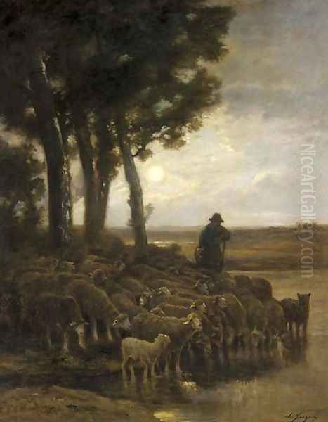 A Shepherd and his Flock in a Moonlight Landscape Oil Painting by Charles Emile Jacque