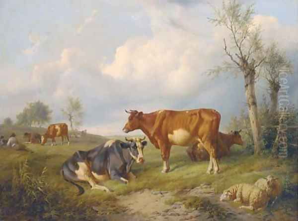 A shepherd and his dog with cattle and sheep in a field Oil Painting by Charles Emile Jacque