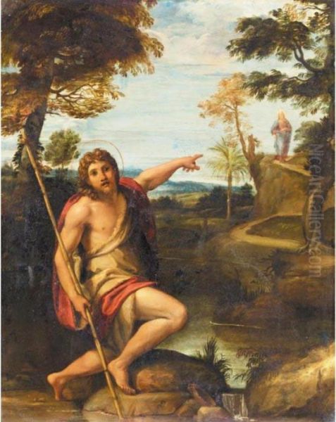 Saint John The Baptist In A Landscape Pointing At The Figure Of Christ Oil Painting by Annibale Carracci