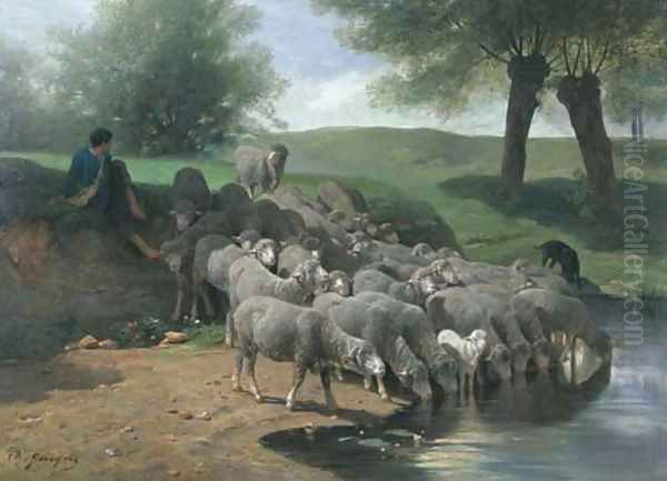 Un berger se reposant avec ses moutons Oil Painting by Charles Emile Jacque