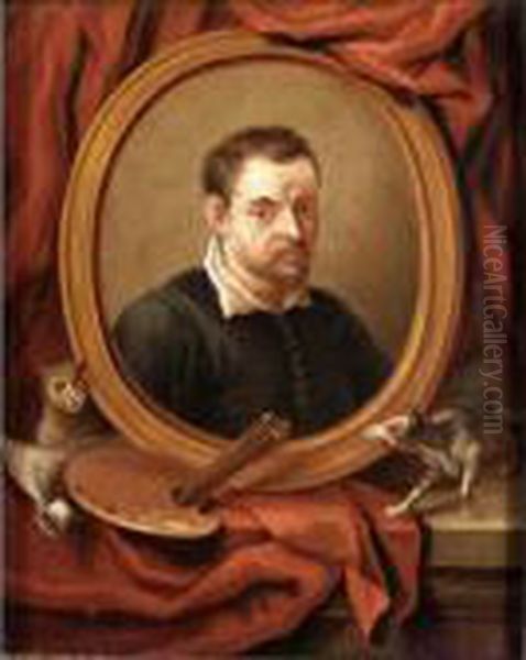 Still Life With A Portrait Of 
Annibale Caracci, A Dog And A Cat, Together With A Pallete, Brushes 
Before A Red Curtain Oil Painting by Annibale Carracci