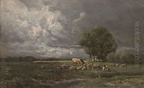 Shepherds grazing their flock Oil Painting by Charles Emile Jacque