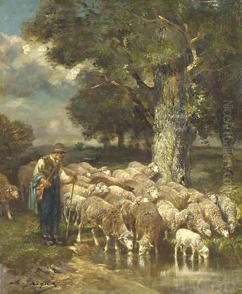 Un berger avec son troupeau Oil Painting by Charles Emile Jacque