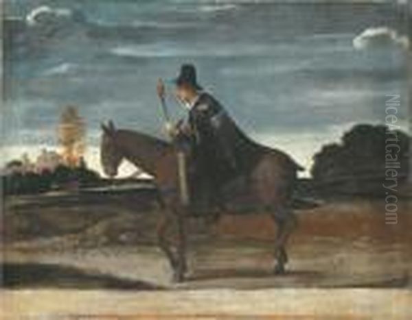 A Landscape With A Cloaked Figure Riding A Donkey Oil Painting by Annibale Carracci