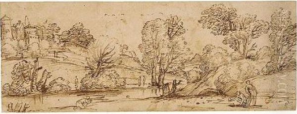 Landscape With Men Bowling Oil Painting by Annibale Carracci