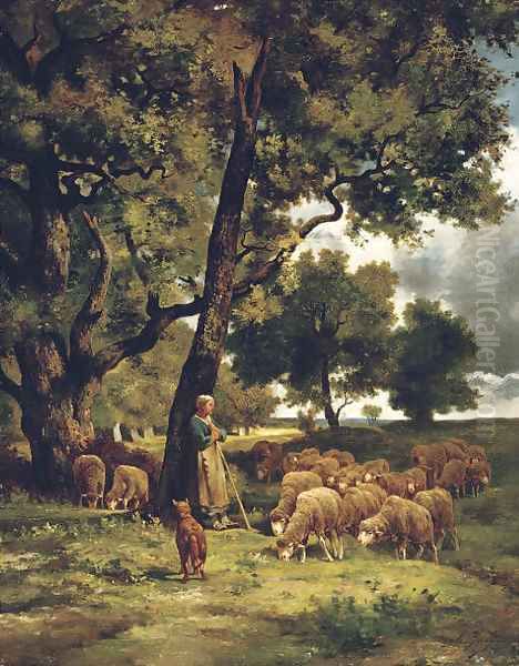 The Shepherdess and Her Flock Oil Painting by Charles Emile Jacque