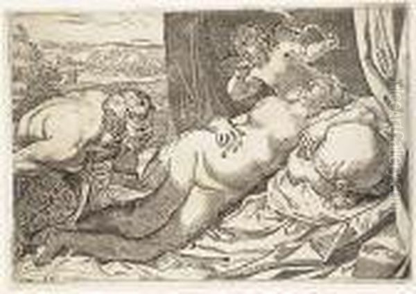 Venus And A Satyr<</b> Oil Painting by Annibale Carracci