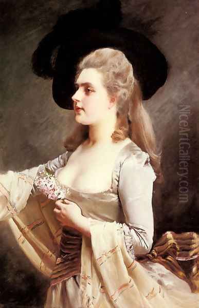 An Elegant Lady in a Black Hat Oil Painting by Gustave Jean Jacquet