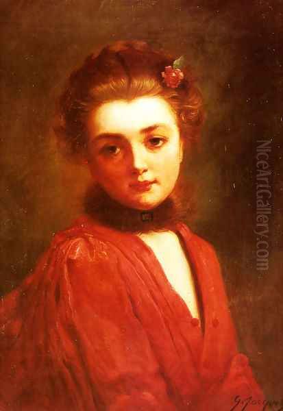 Portrait of a Girl in a Red Dress Oil Painting by Gustave Jean Jacquet