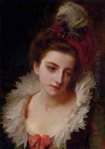 Portrait Of A Lady With A Feathered Hat Oil Painting by Gustave Jean Jacquet