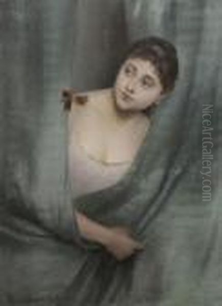 Jeune Femme Derriere Le Rideau Oil Painting by Pierre Carrier-Belleuse