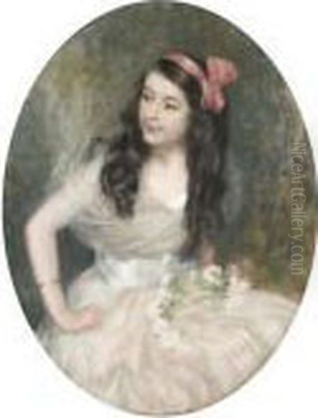 Femme A La Robe Blanche Et Au Noeud Rose Oil Painting by Pierre Carrier-Belleuse