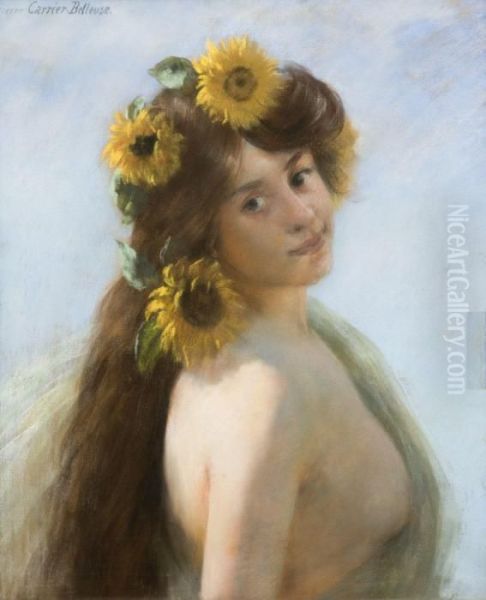 Femme Aux Tournesols Oil Painting by Pierre Carrier-Belleuse