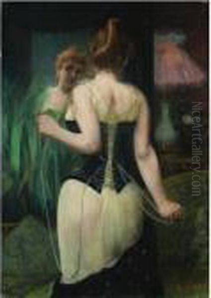 Jeune Femme Ajustant Son Corset Oil Painting by Pierre Carrier-Belleuse