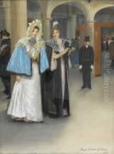 Zwei Damen Im Theaterfoyer Oil Painting by Pierre Carrier-Belleuse