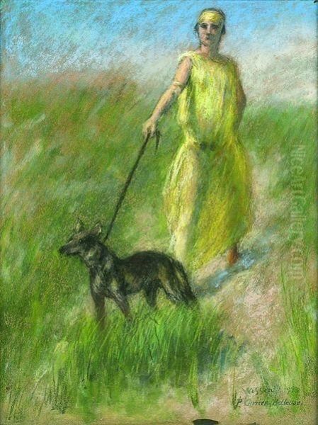 Jeune Femme Promenant Son Chien Dans Un Pre Oil Painting by Pierre Carrier-Belleuse