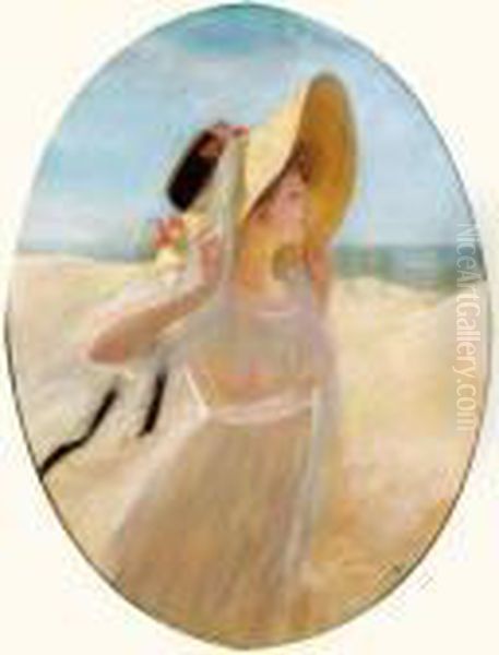 Jeune Fille Au Chapeau Sur La Plage Oil Painting by Pierre Carrier-Belleuse