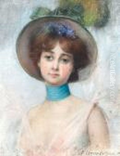 A Portrait Of A Lady In A Spring Bonnet Oil Painting by Pierre Carrier-Belleuse