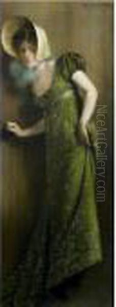 Elegant Woman In A Green Dress Oil Painting by Pierre Carrier-Belleuse