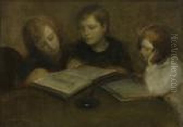 Trois Jeunes Filles Lisant Oil Painting by Eugene Carriere