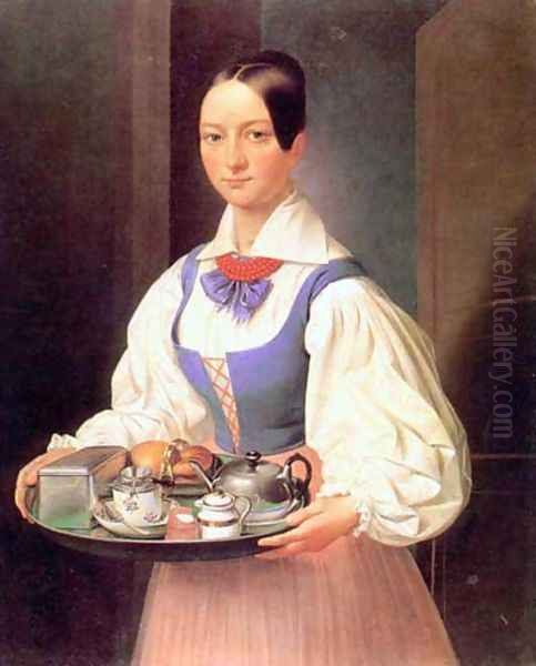 Girl with Breakfast on a Tray Oil Painting by Marcin Jablonski