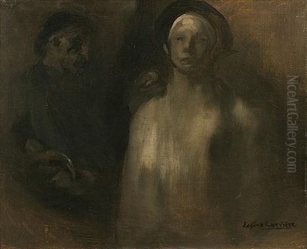 Deux Personnages, L'un De Face, L'autre De Profil Oil Painting by Eugene Carriere