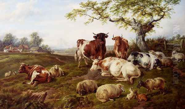 Resting Cattle, Sheep And Deer, A Farm Beyond Oil Painting by Charles Jones