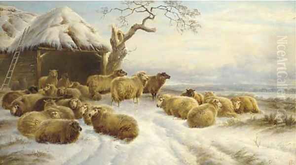 Sheep in a winter landscape Oil Painting by Charles Jones