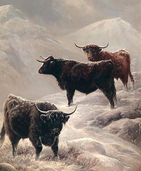 Highland cattle in a mountainous winter landscape Oil Painting by Charles Jones