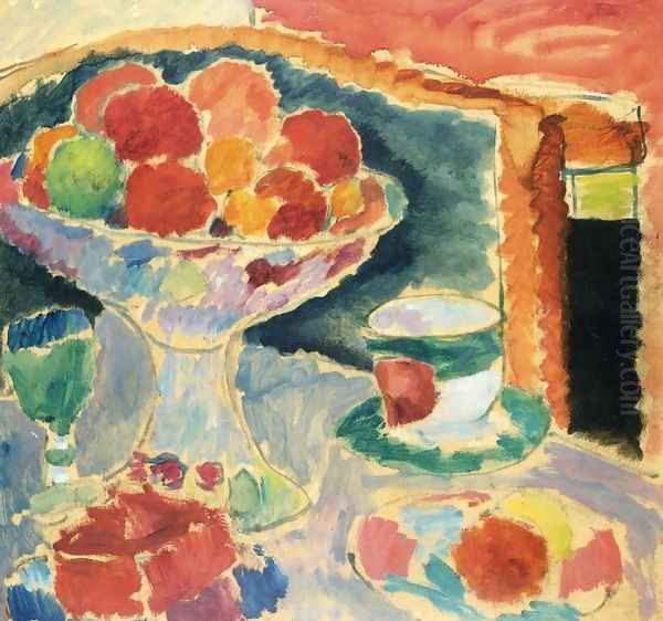 Still Life with Fruit Stand, Bohemian Glass and Empire Cup Oil Painting by Alexei Jawlensky