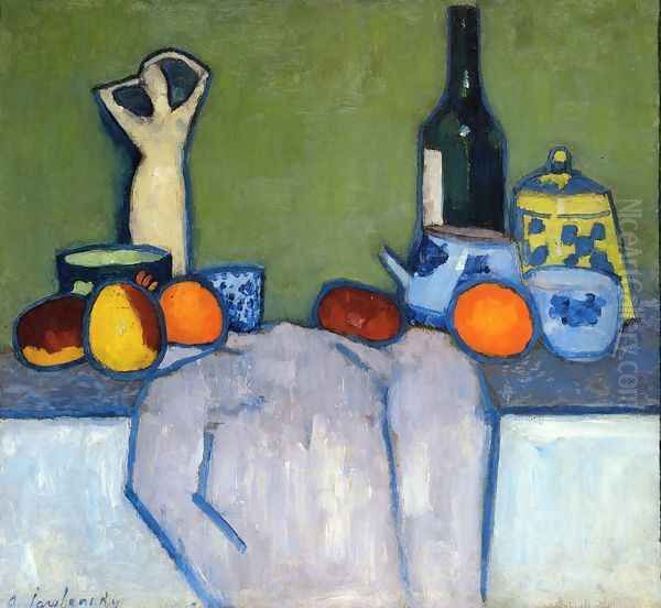 Still Life with Fruit, Figurine and Bottle Oil Painting by Alexei Jawlensky