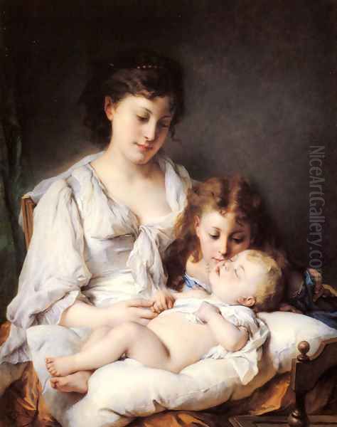 Maternal Affection Oil Painting by Adolphe Jourdan