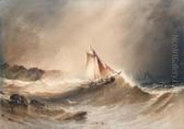 Fishing Vessels On A Stormy Sea Oil Painting by Henry Barlow Carter