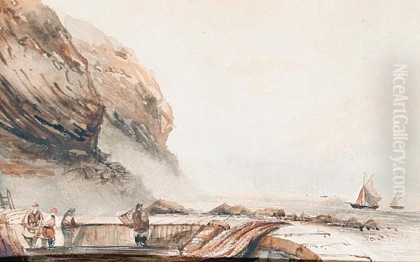 Boats Off A Rocky Coastline Oil Painting by Henry Barlow Carter