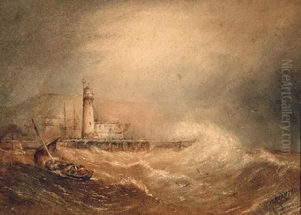 Lighthouse In Stormy Waters Oil Painting by Henry Barlow Carter